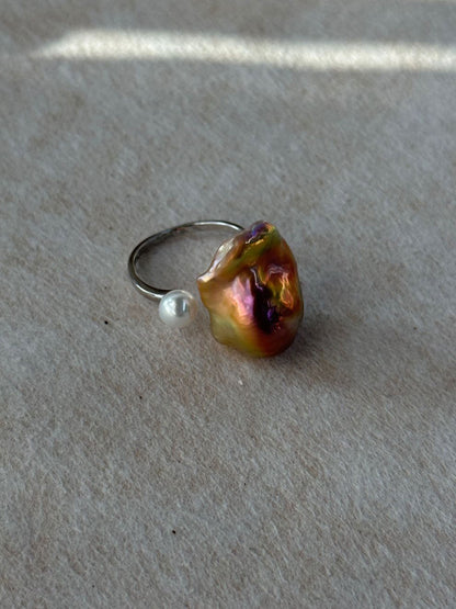 Baroque & Round Pearl S925 Silver Open Ring