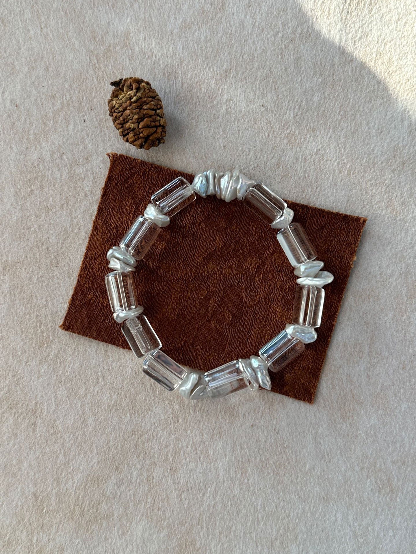 Clear Quartz Column & Baroque Pearl Stretch Bracelet