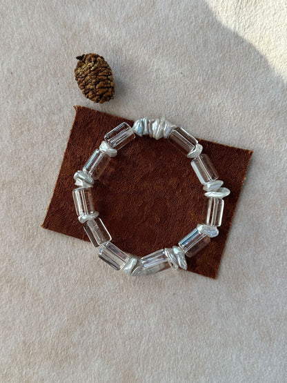 Clear Quartz Column & Baroque Pearl Stretch Bracelet