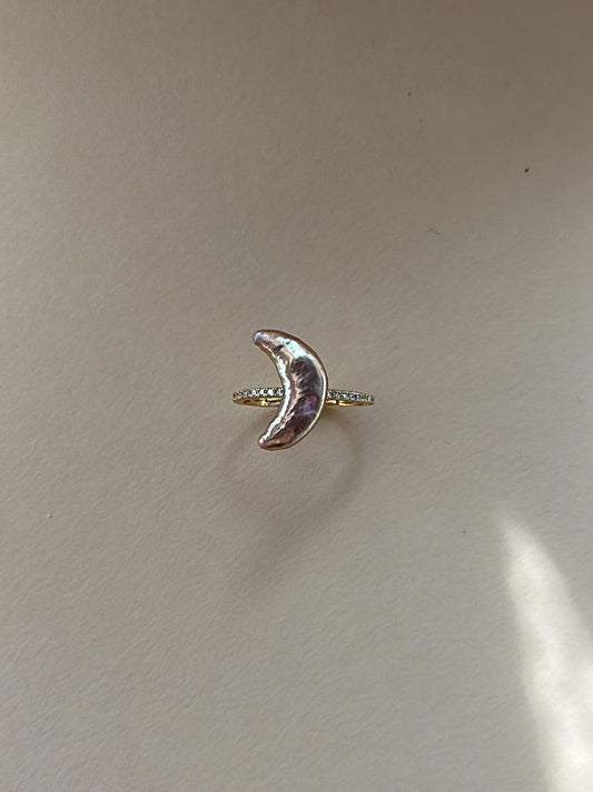 Crescent Baroque Pearl Pavé CZ 18K Gold-Plated Open Ring