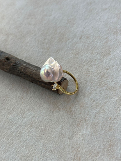 Scallop Baroque Pearl & Prong CZ Open Ring