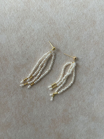 Rice Pearl Fringe Earrings with Gold Tube Accents