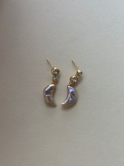 Asymmetric CZ Crescent Baroque Pearl Earrings