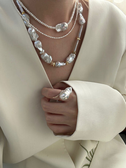 Large Baroque Pearl & Pavé CZ Bar 18K Gold-Plated Open Ring