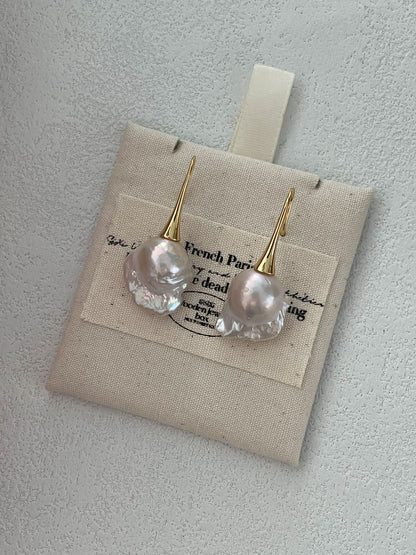 18K Gold-Plated Long Hook Earrings with Iridescent Baroque Pearl