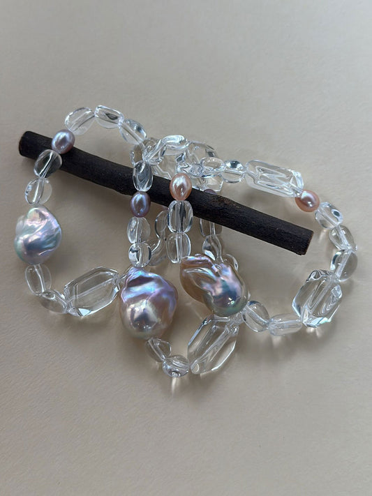 Irregular Clear Quartz & Baroque Pearl Stretch Bracelet