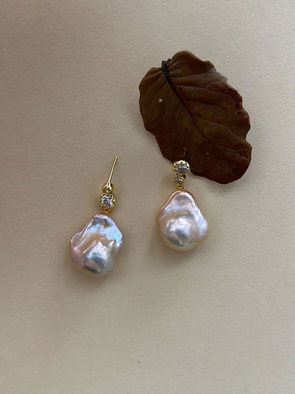 Asymmetric CZ & Iridescent Baroque Pearl Drop Earrings