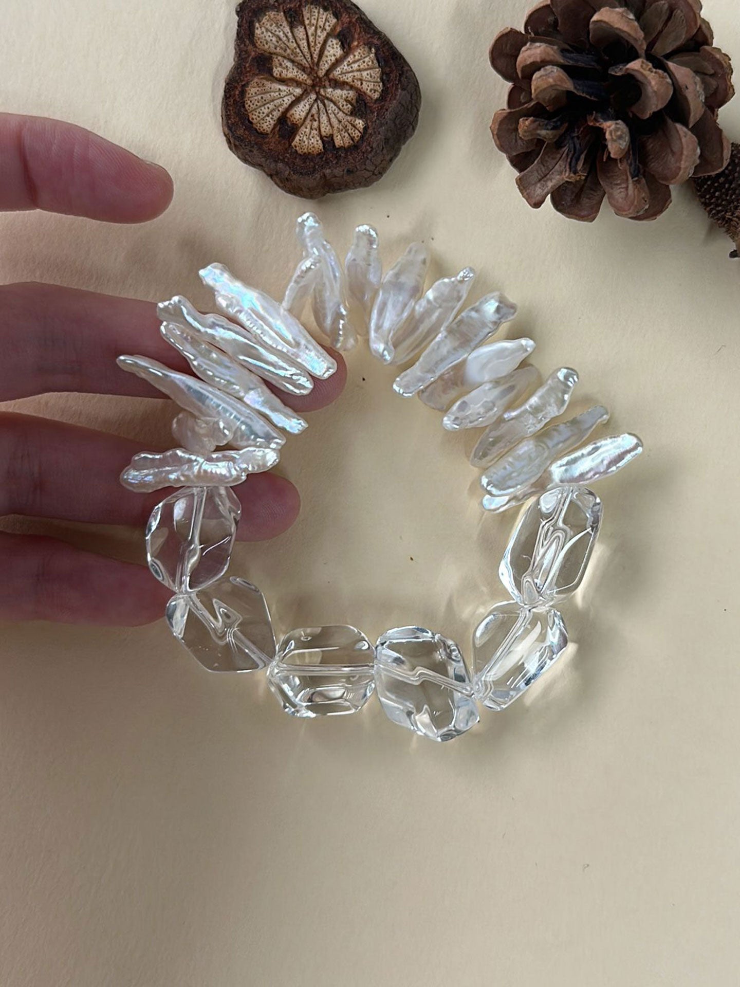 Wave & Ice — Clear Quartz & Baroque Pearl Bracelet