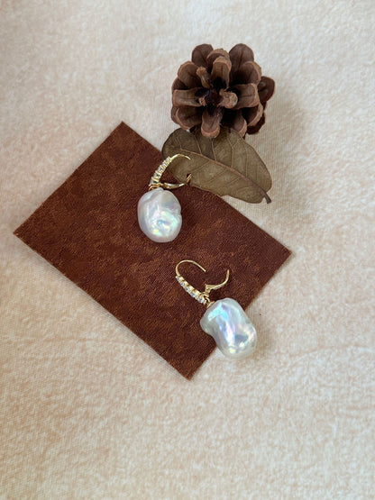 Baroque Pearl Drop Earrings with 18K Gold-Plated Graduated CZ Line Hoop