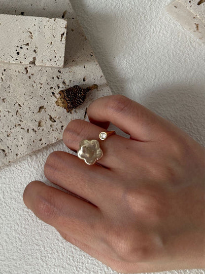 Plum Blossom Baroque Pearl & CZ Open Gold/Silver Ring