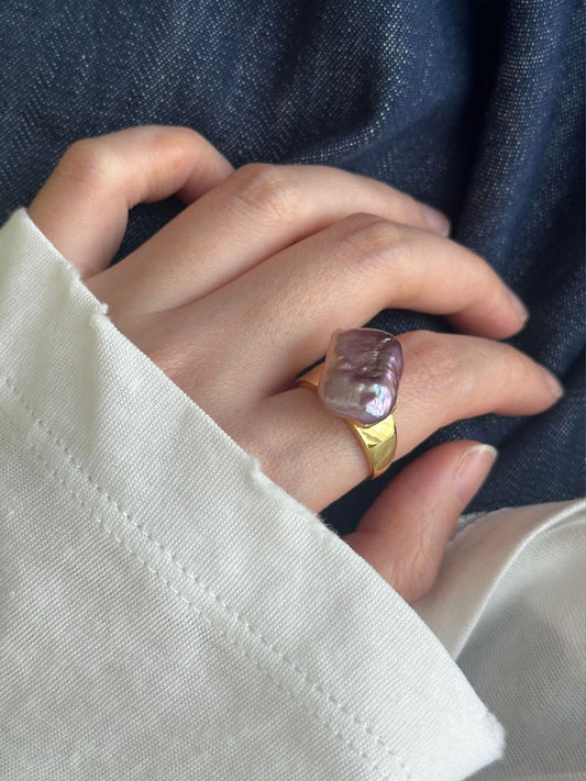 Rectangular Purple Baroque Pearl Adjustable Open Ring