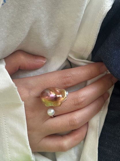 Baroque & Round Pearl S925 Silver Open Ring
