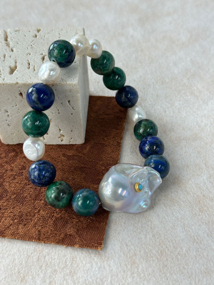 Lapis Lazuli Contrast Bracelet with Turquoise-Set Baroque Pearl