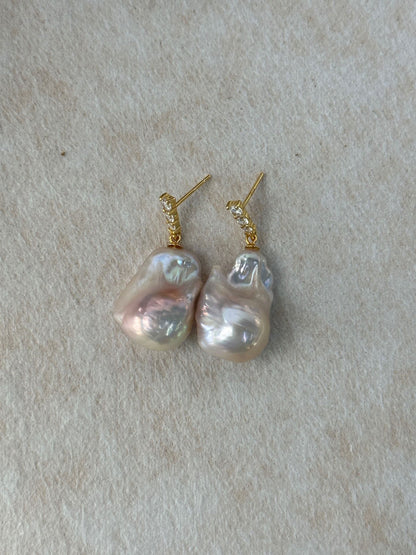 Triple CZ & Baroque Pearl Drop Earrings