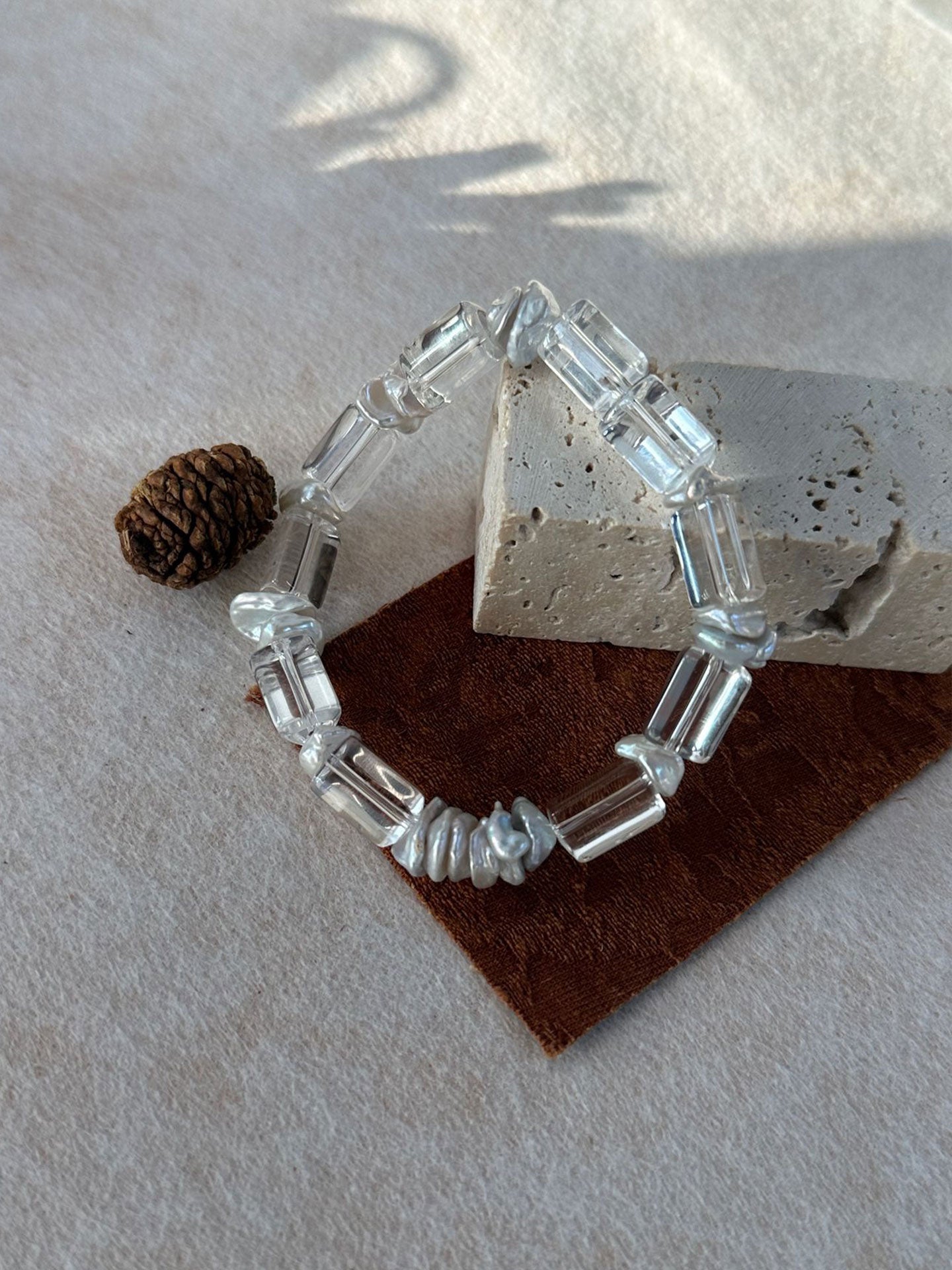 Clear Quartz Column & Baroque Pearl Stretch Bracelet