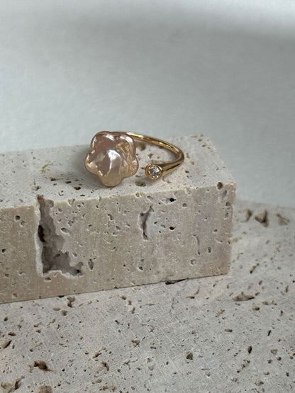 Plum Blossom Baroque Pearl & CZ Open Gold/Silver Ring