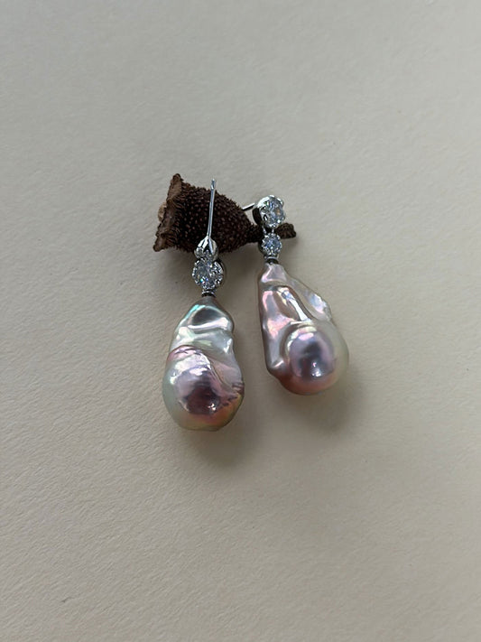 Mirror Baroque Pearl & Asymmetric CZ Drop Earrings