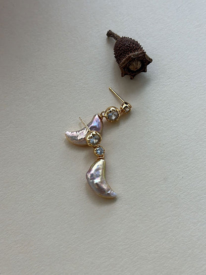 Asymmetric CZ Crescent Baroque Pearl Earrings