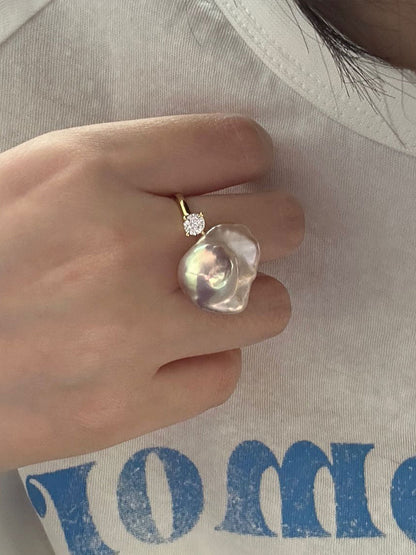 Scallop Baroque Pearl & Prong CZ Open Ring