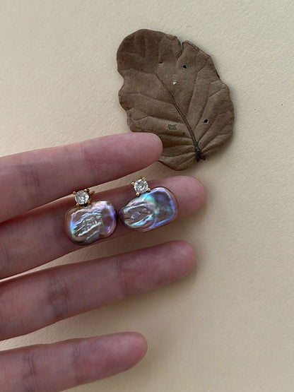 Princess Diana-Style Purple Baroque Pearl & CZ Drop Earrings