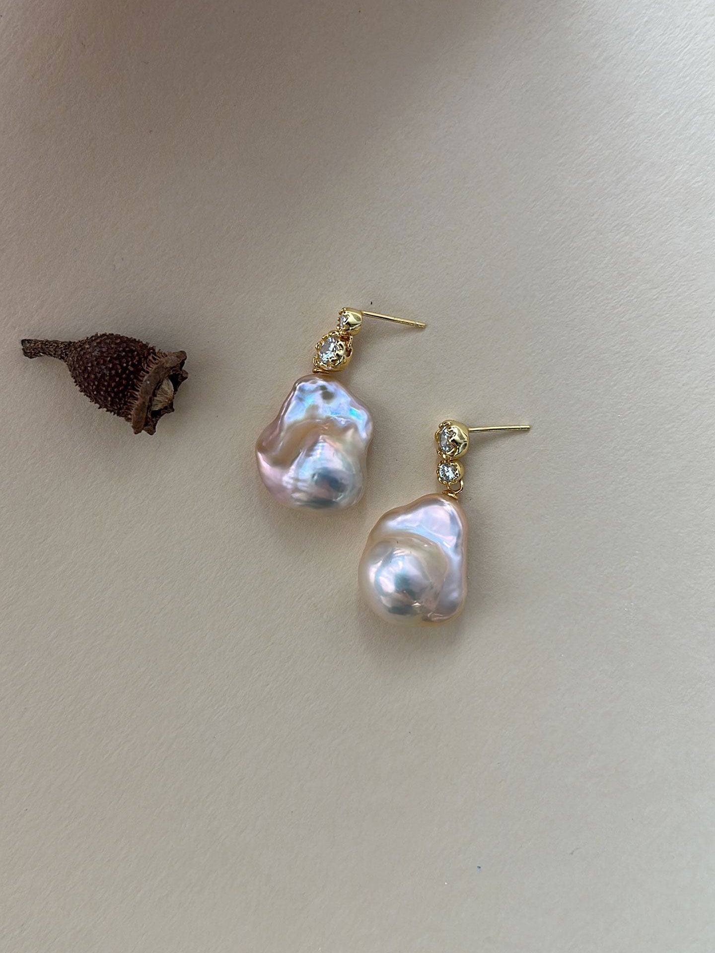 Asymmetric CZ & Iridescent Baroque Pearl Drop Earrings