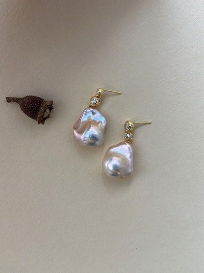 Asymmetric CZ & Iridescent Baroque Pearl Drop Earrings