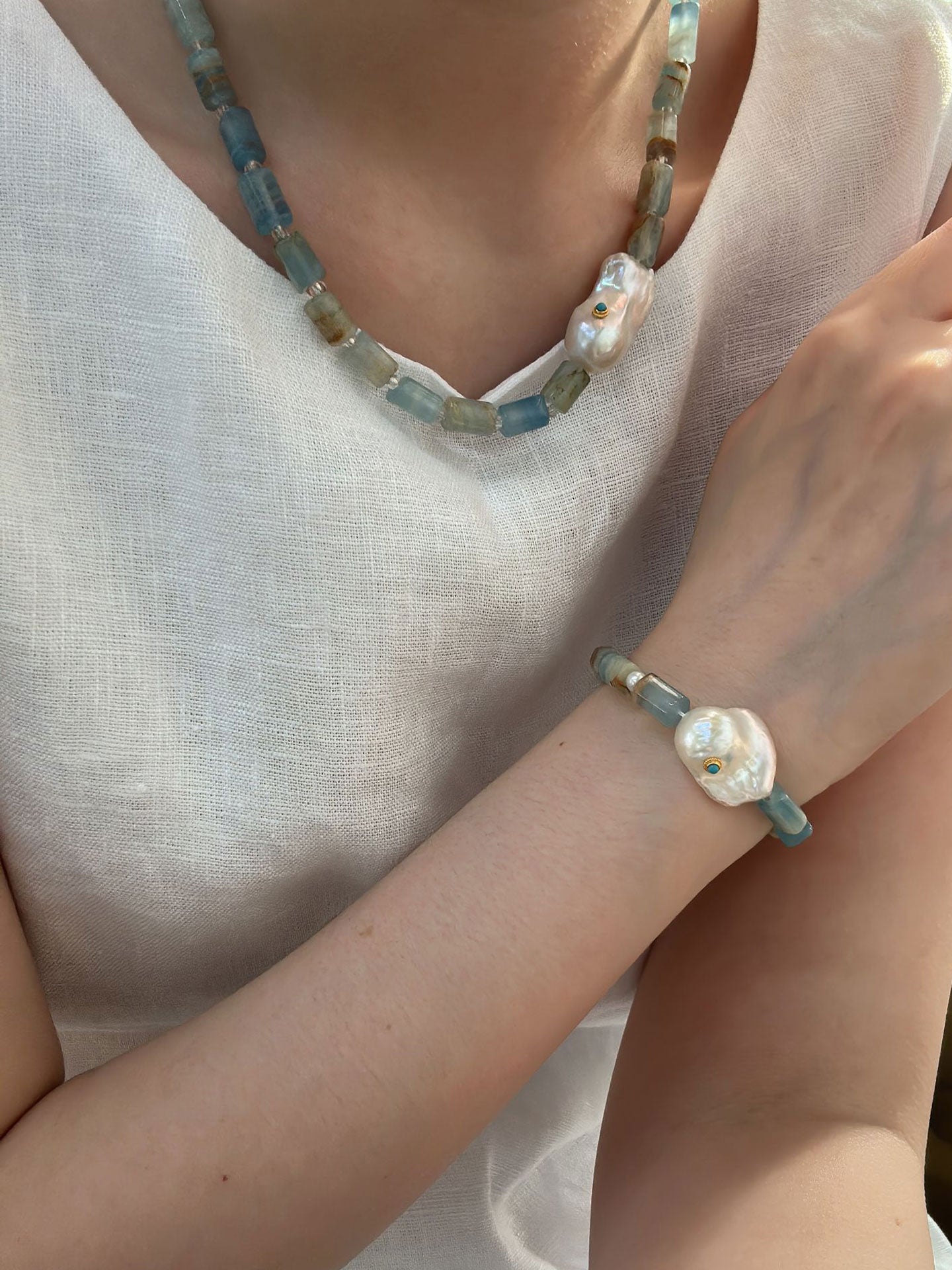 Turquoise Inlay Baroque Pearl & Calcite Bracelet