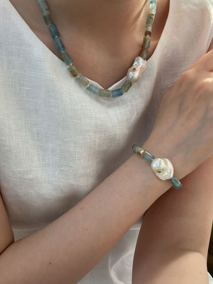 Turquoise Inlay Baroque Pearl & Calcite Bracelet