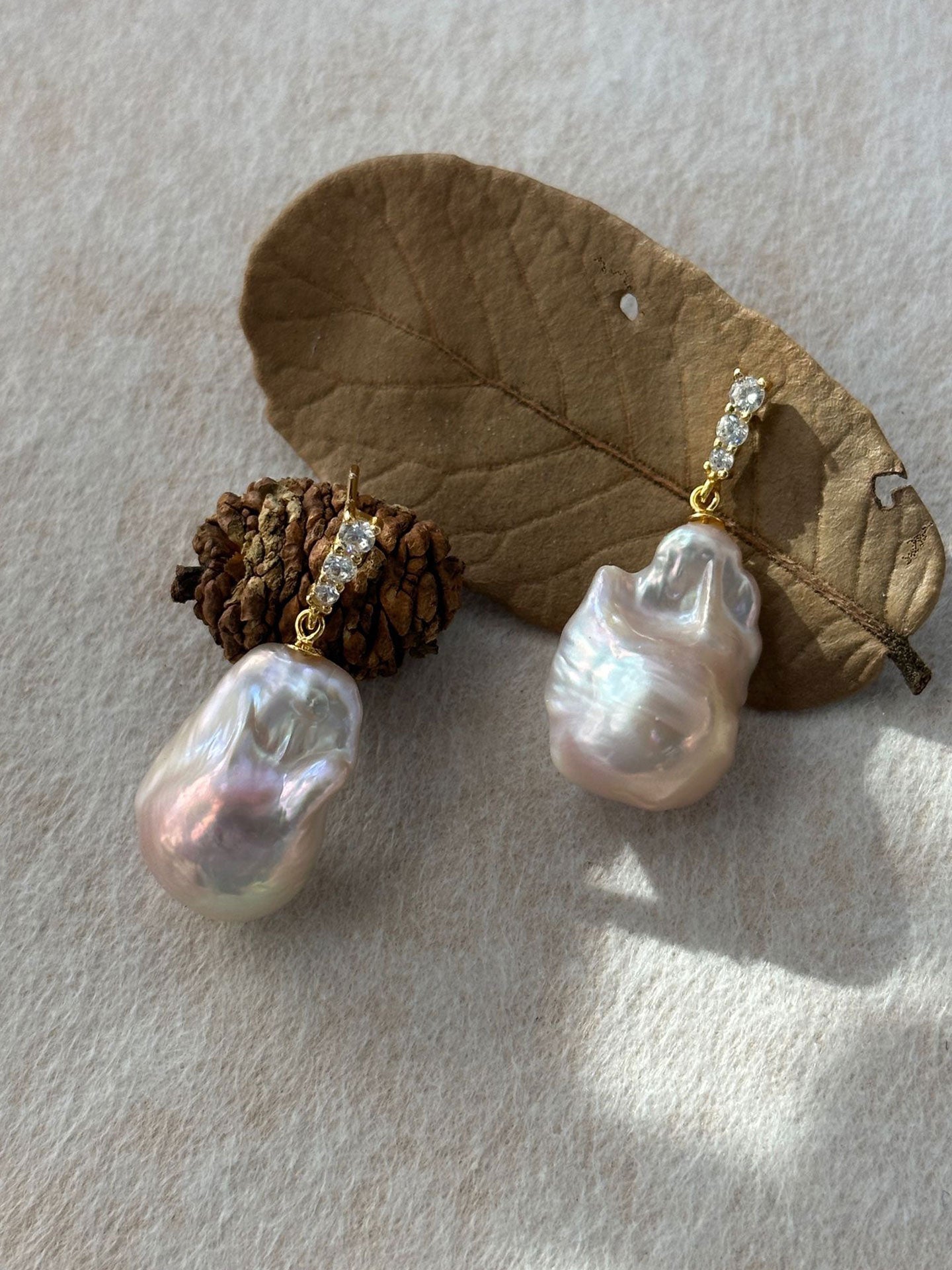 Triple CZ & Baroque Pearl Drop Earrings