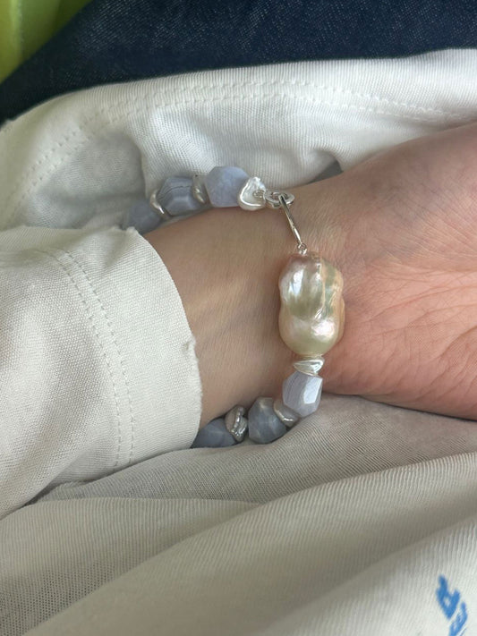 Baroque Pearl Featured Blue Lace Agate Bracelet