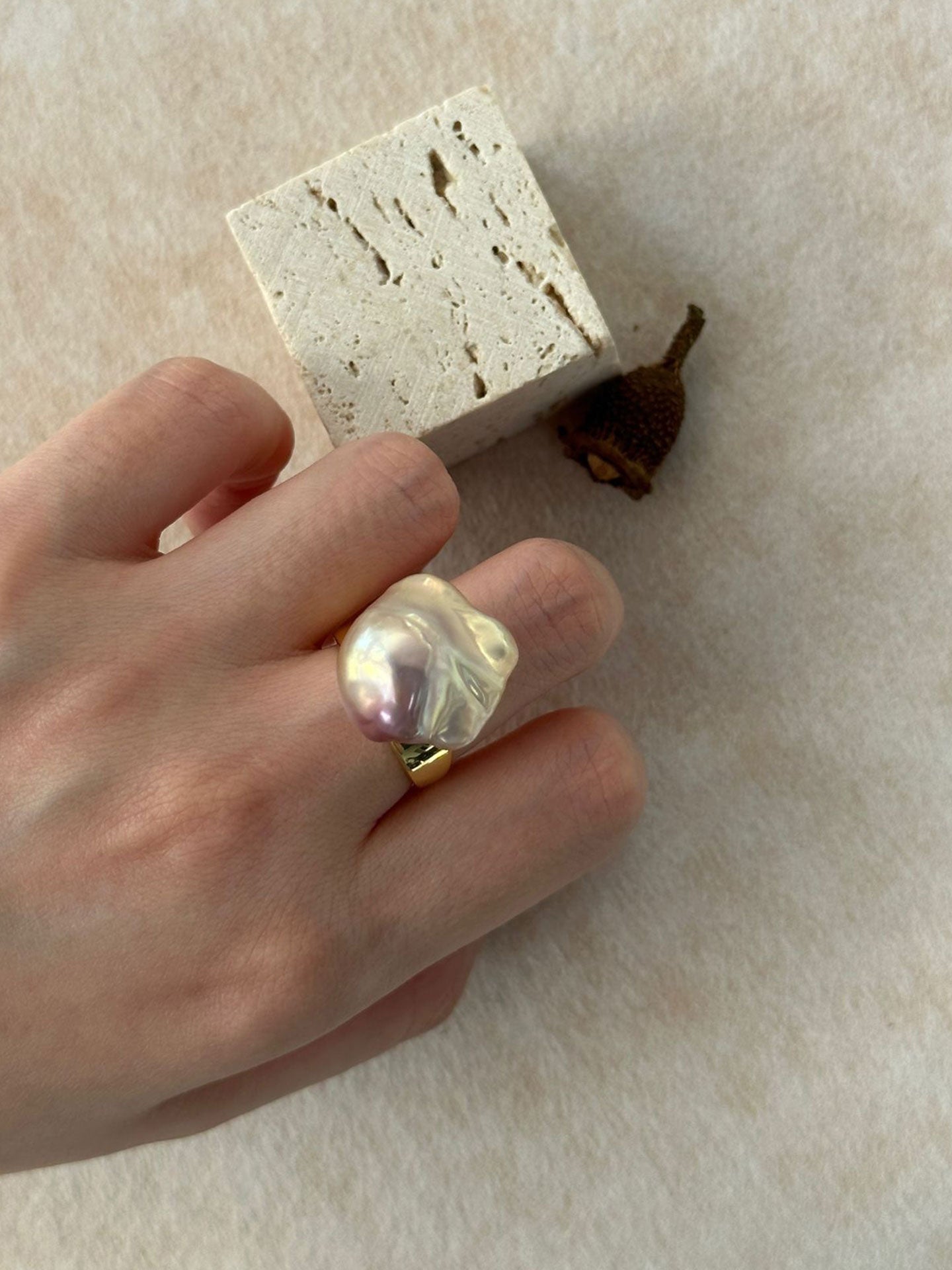 Baroque Pearl Wide Band Adjustable Ring