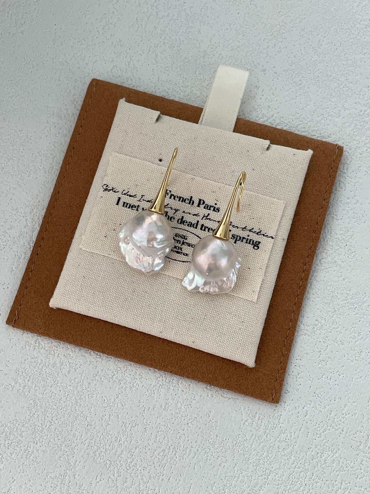 18K Gold-Plated Long Hook Earrings with Iridescent Baroque Pearl
