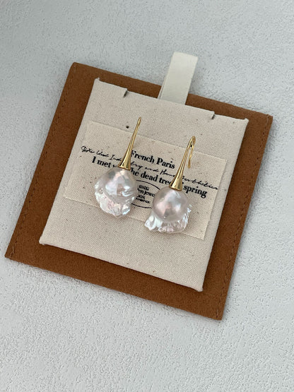 18K Gold-Plated Long Hook Earrings with Iridescent Baroque Pearl