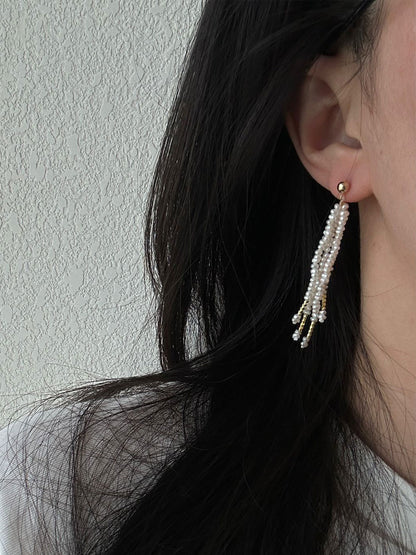 Rice Pearl Fringe Earrings with Gold Tube Accents