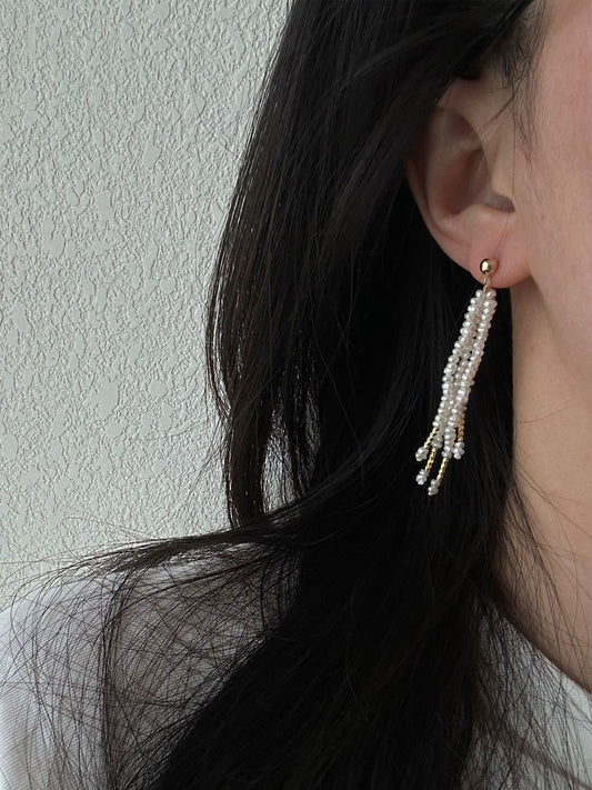 Rice Pearl Fringe Earrings with Gold Tube Accents
