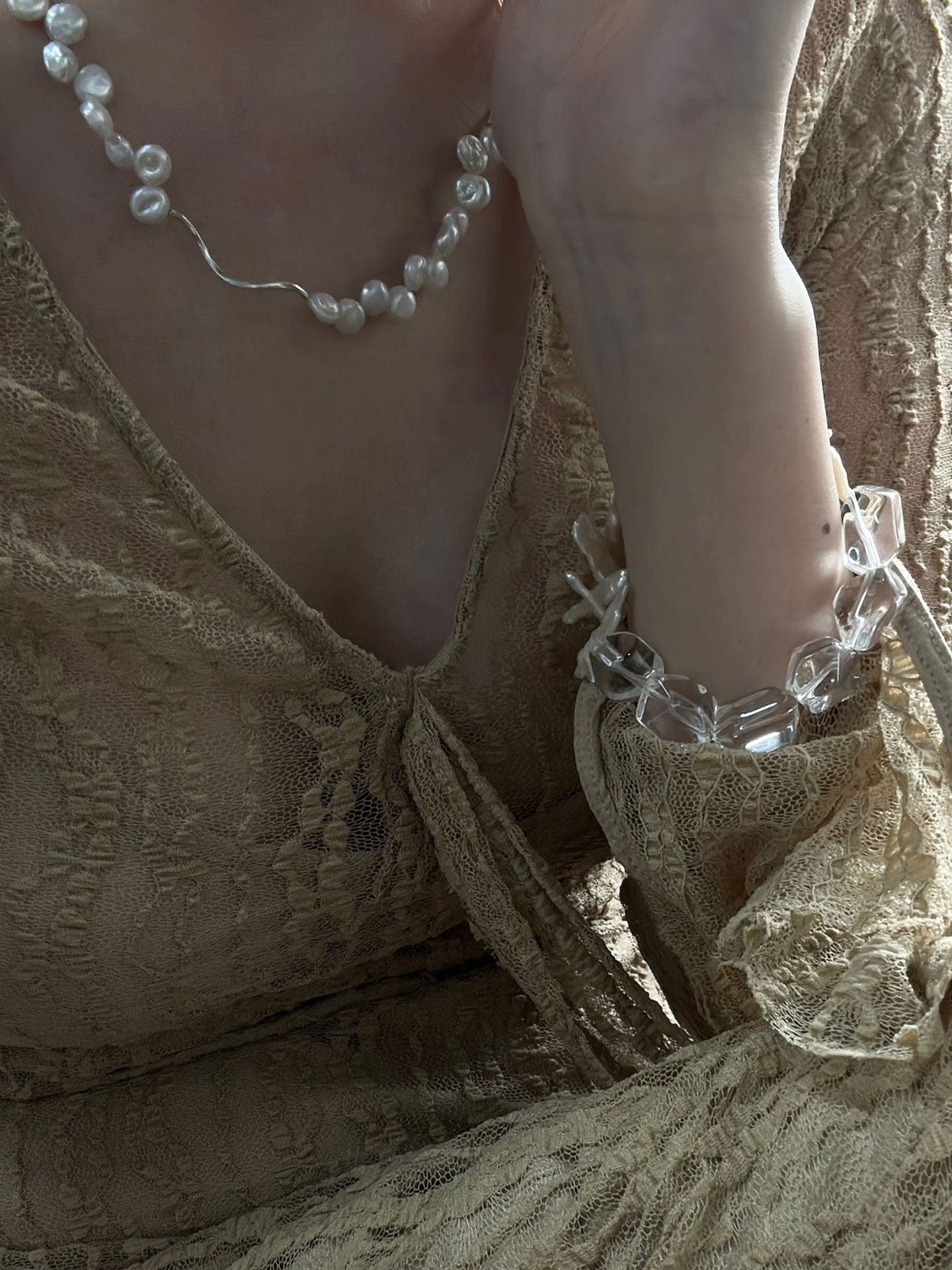 Wave & Ice — Clear Quartz & Baroque Pearl Bracelet