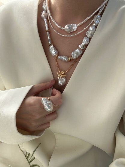 Large Baroque Pearl & Pavé CZ Bar 18K Gold-Plated Open Ring