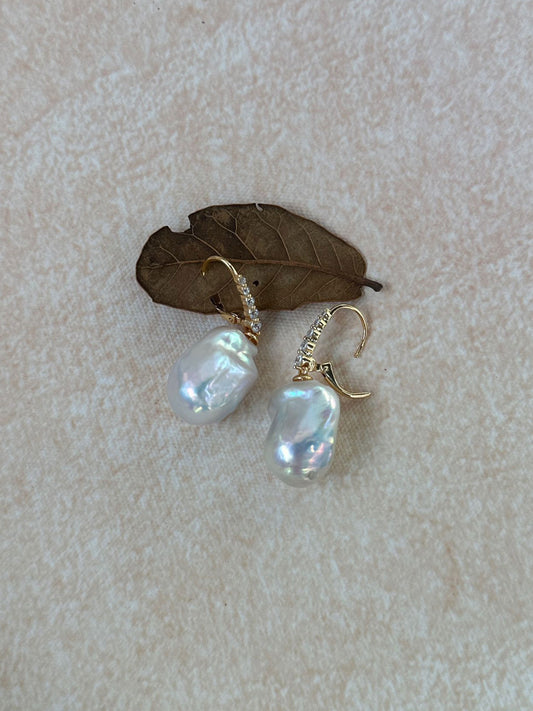 Baroque Pearl Drop Earrings with 18K Gold-Plated Graduated CZ Line Hoop