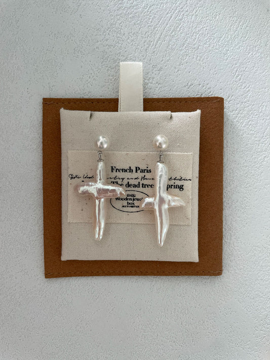 White Cross Baroque Drop Earrings