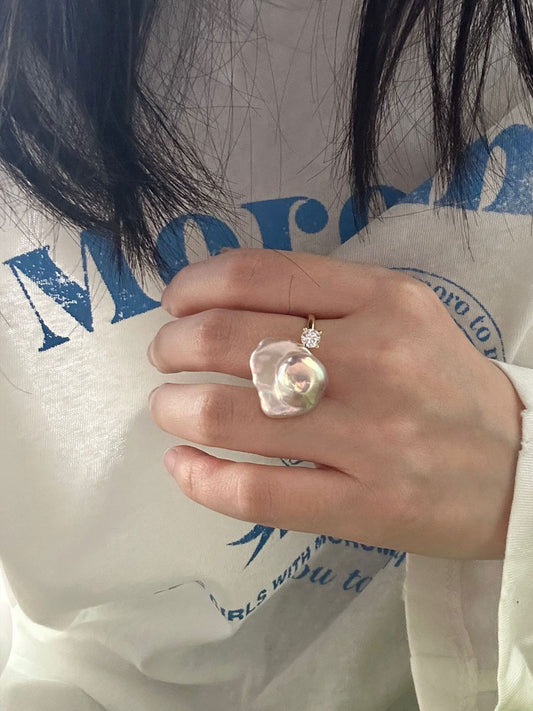 Scallop Baroque Pearl & Prong CZ Open Ring