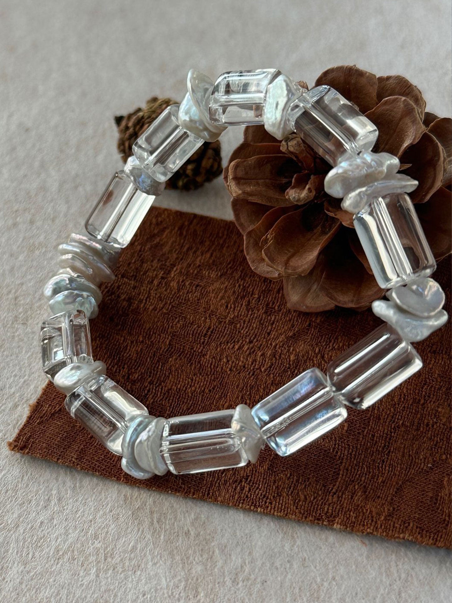 Clear Quartz Column & Baroque Pearl Stretch Bracelet