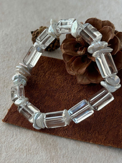 Clear Quartz Column & Baroque Pearl Stretch Bracelet