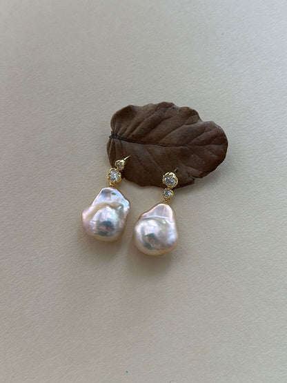 Asymmetric CZ & Iridescent Baroque Pearl Drop Earrings