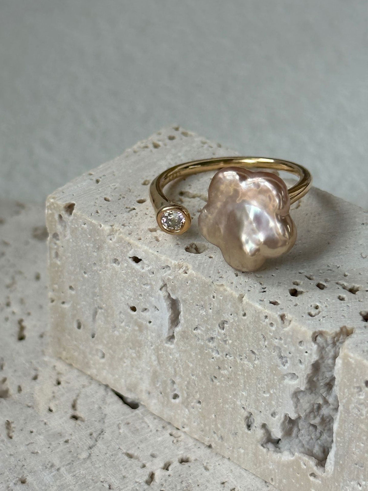 Plum Blossom Baroque Pearl & CZ Open Gold/Silver Ring