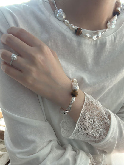 Tiger's Eye & Baroque Pearl Bracelet