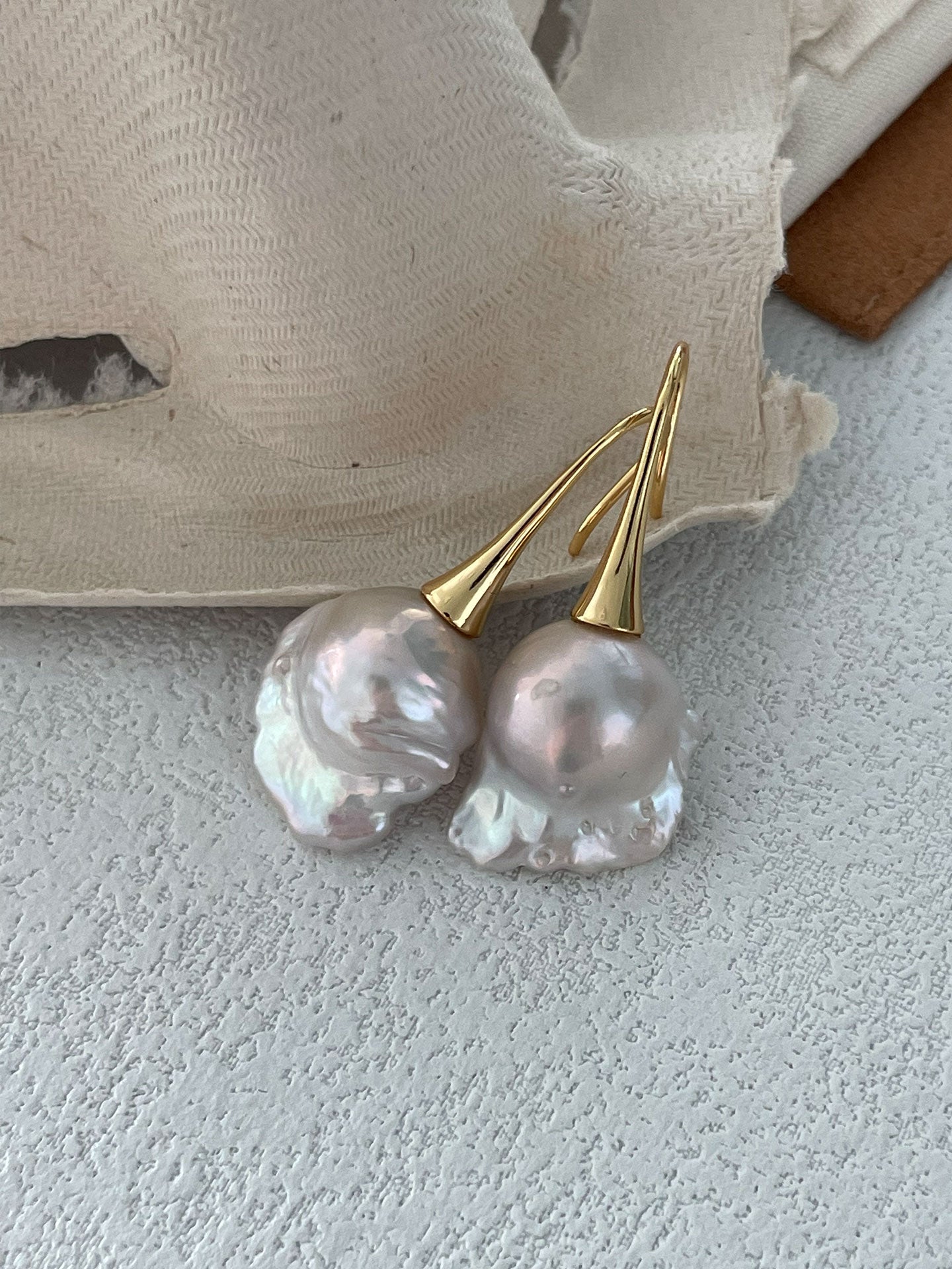 18K Gold-Plated Long Hook Earrings with Iridescent Baroque Pearl