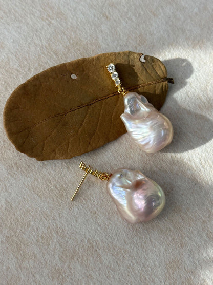 Triple CZ & Baroque Pearl Drop Earrings