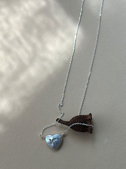 Silver-Blue Heart Baroque Pearl S925 Silver Necklace