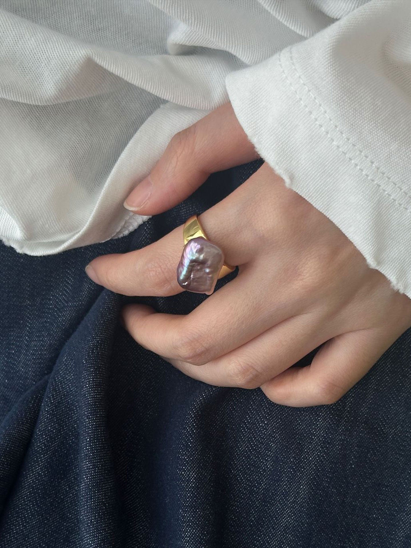 Rectangular Purple Baroque Pearl Adjustable Open Ring