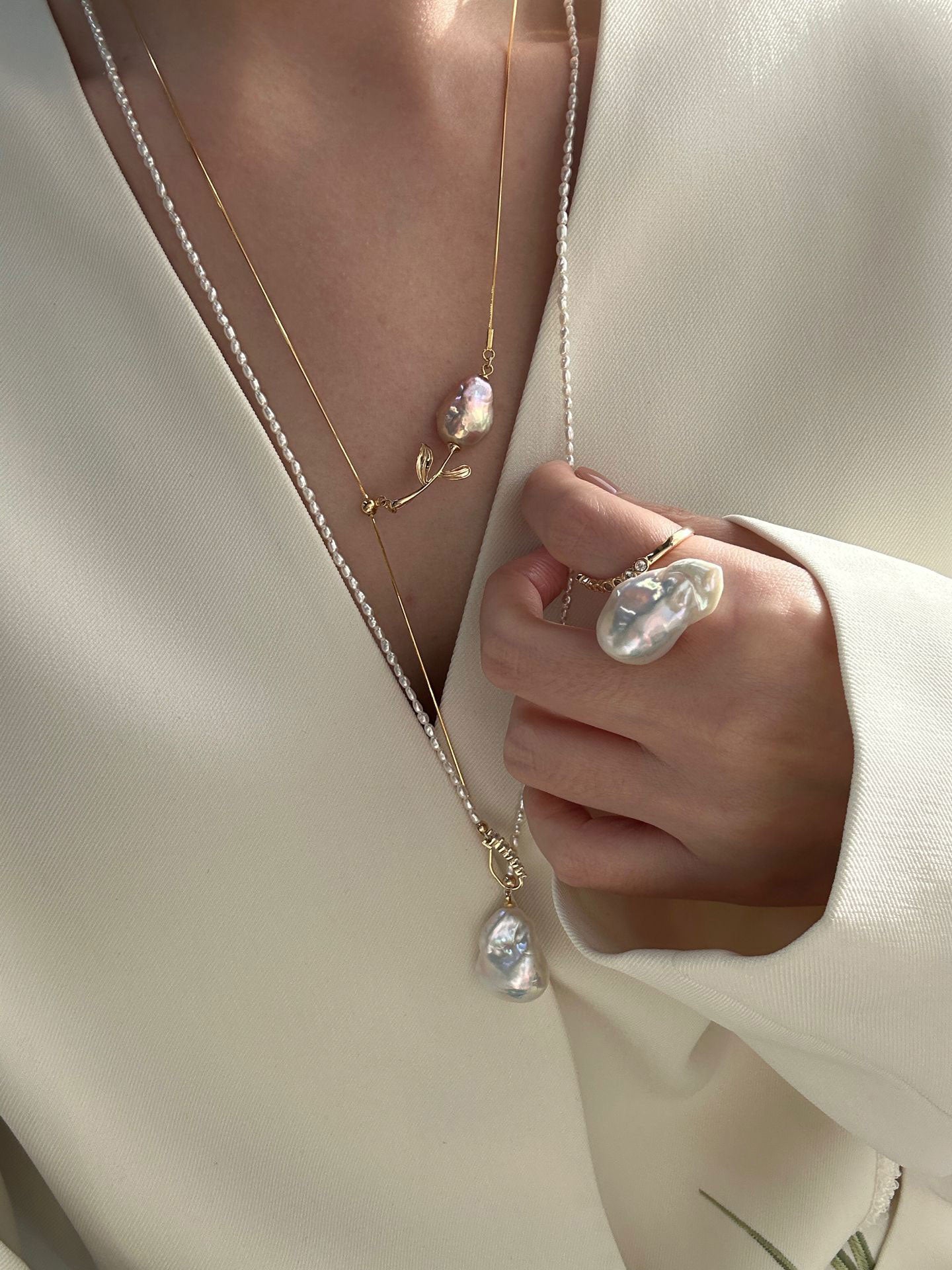 Keshi Pearl Chain Necklace with Baroque Drop